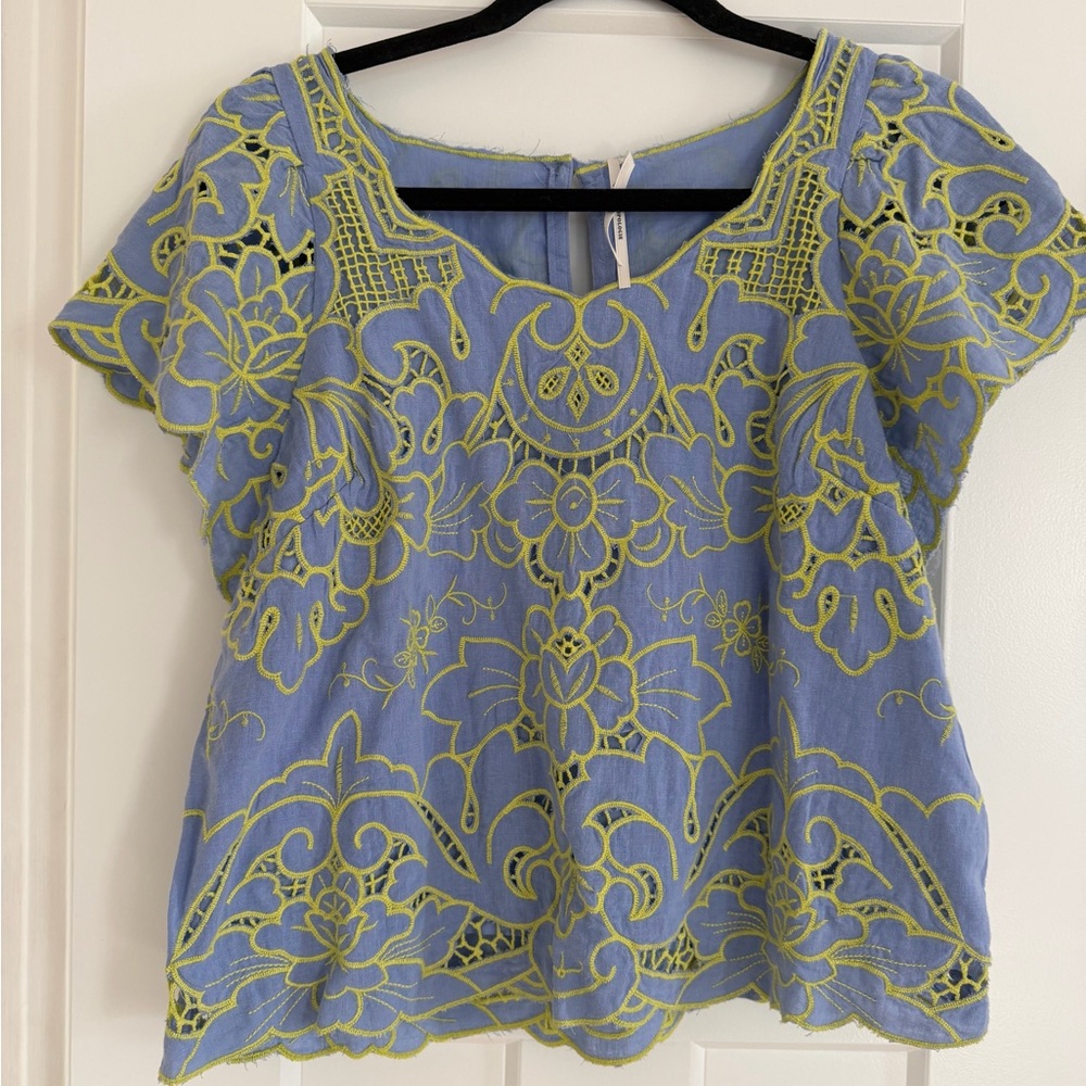 Anthropologie Embroidered Scallop Hem Flutter Sleeve Top - Light Blue/Green - Picture 3 of 3